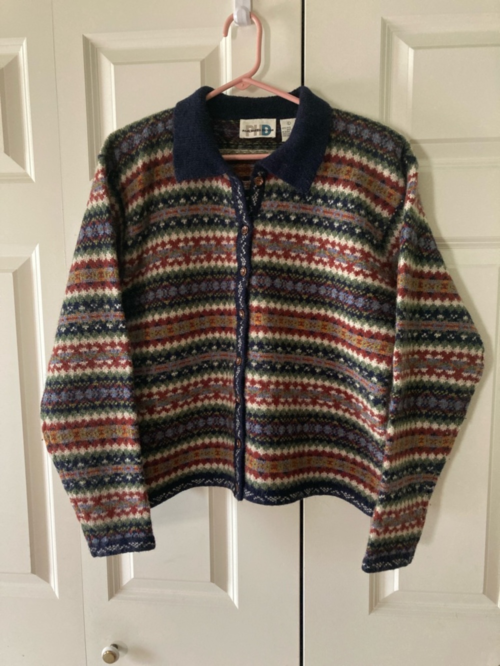 Paul Harris Design women’s L 100% Shetland Wool fair isle cardigan sweater
